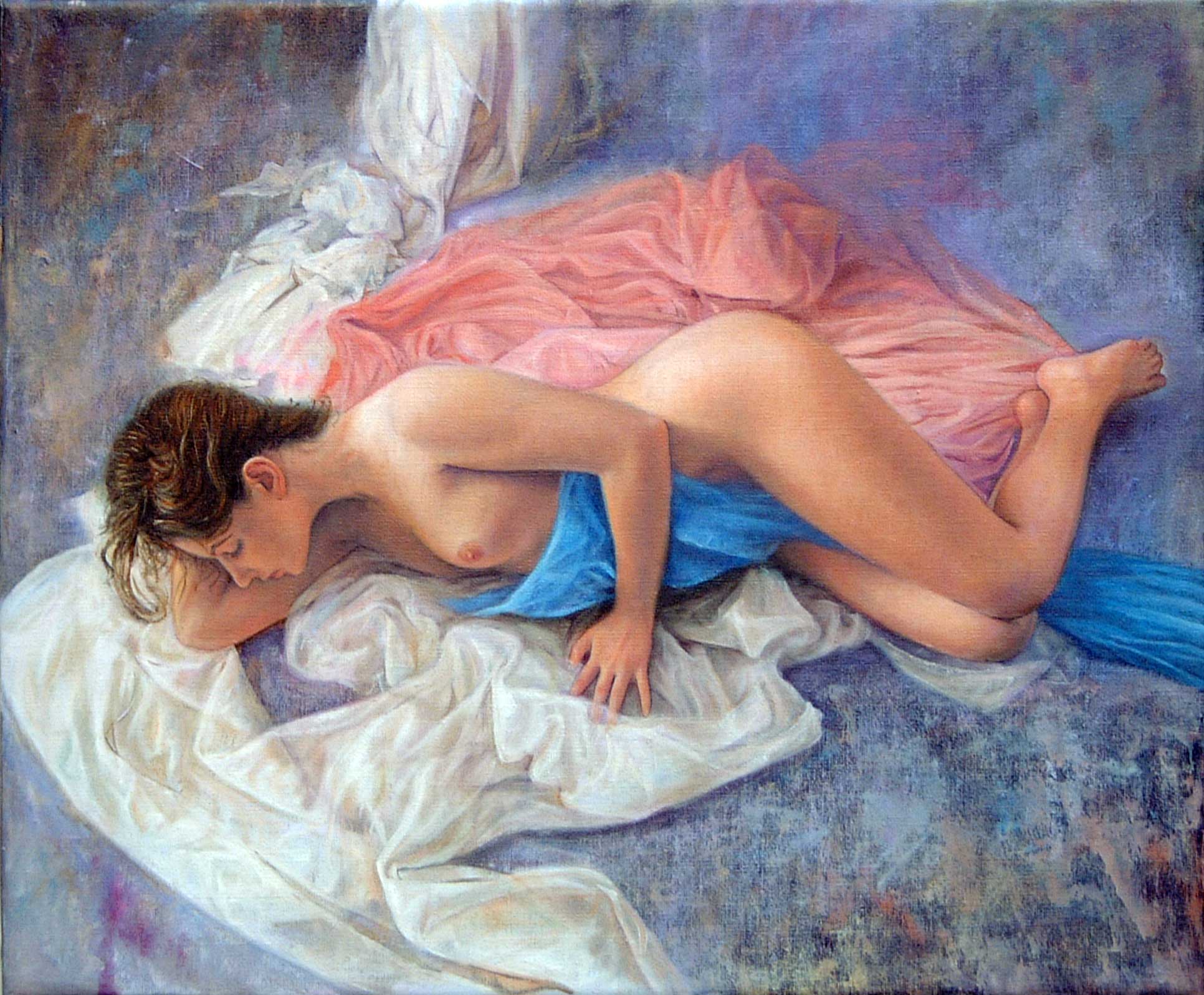 Desnudo sobre sábana blanca, rosa y azul